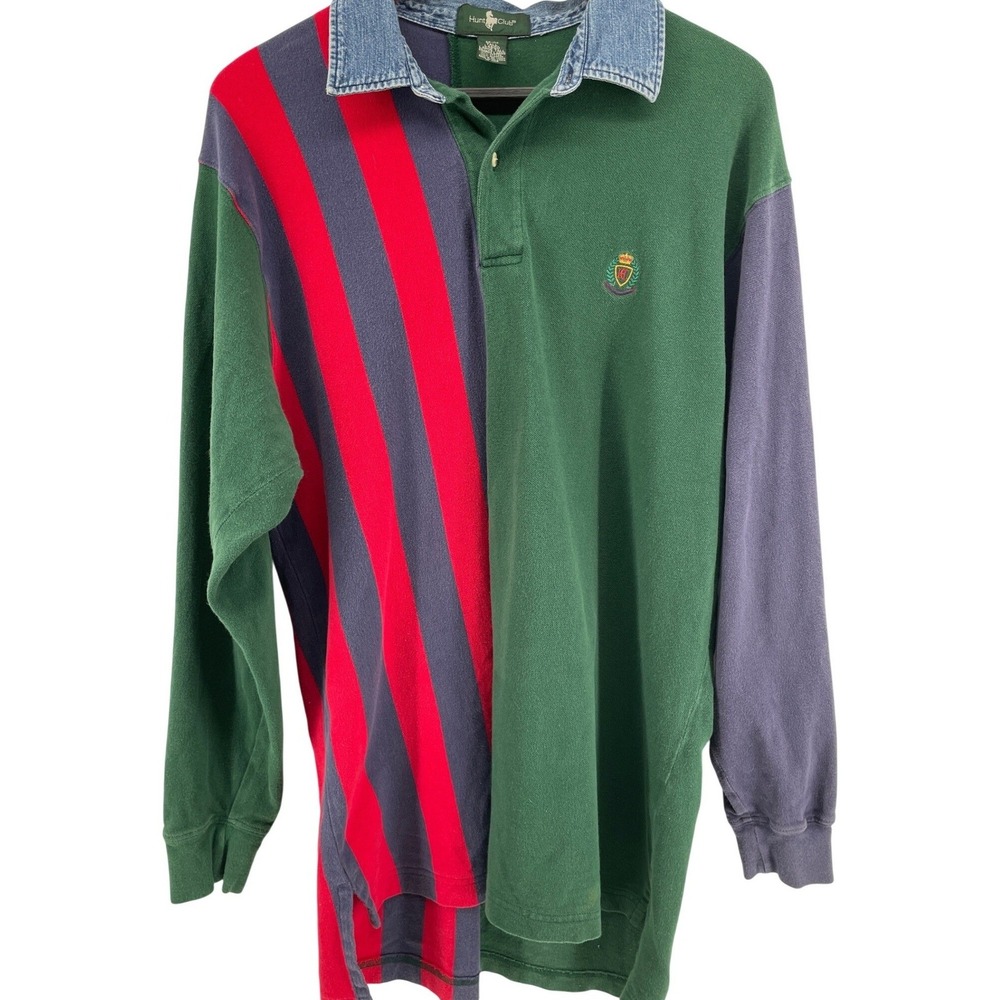 Vintage Hunt Club Rugby Shirt Mens Large Tall Green Red Striped Denim Collar 90s